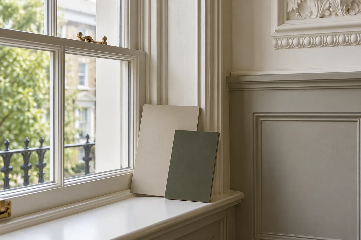 Illustrative paint sample boards beside painted timber panelling and a sash window