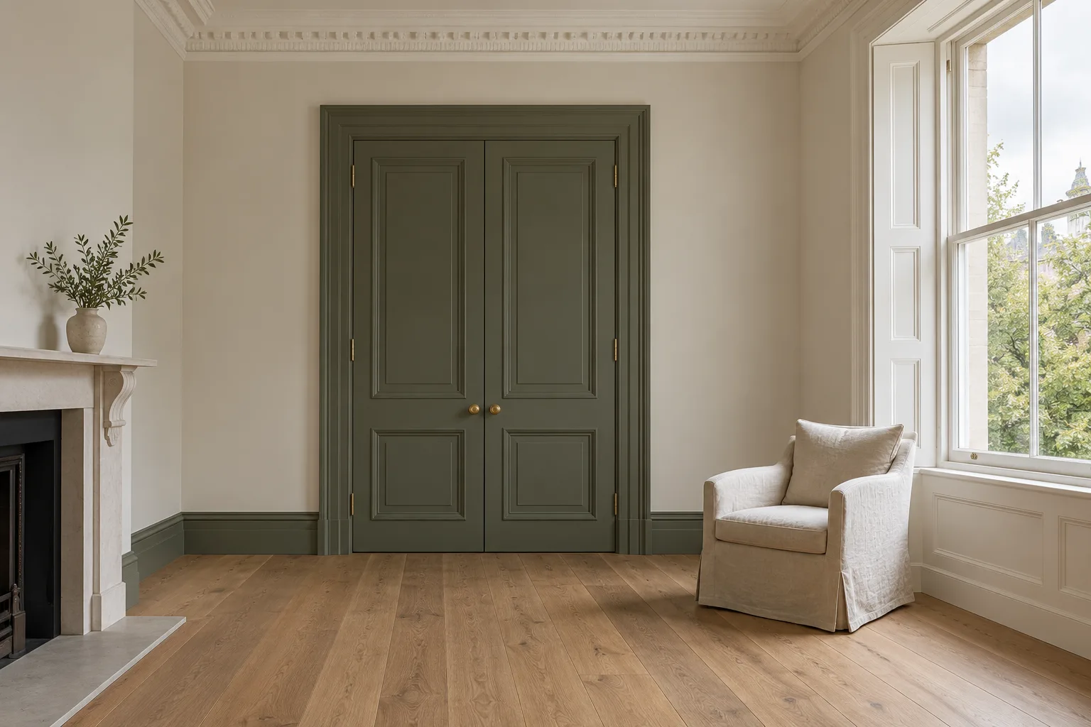 Illustrative period room with olive panelled doors, white cornicing and a timber sash window